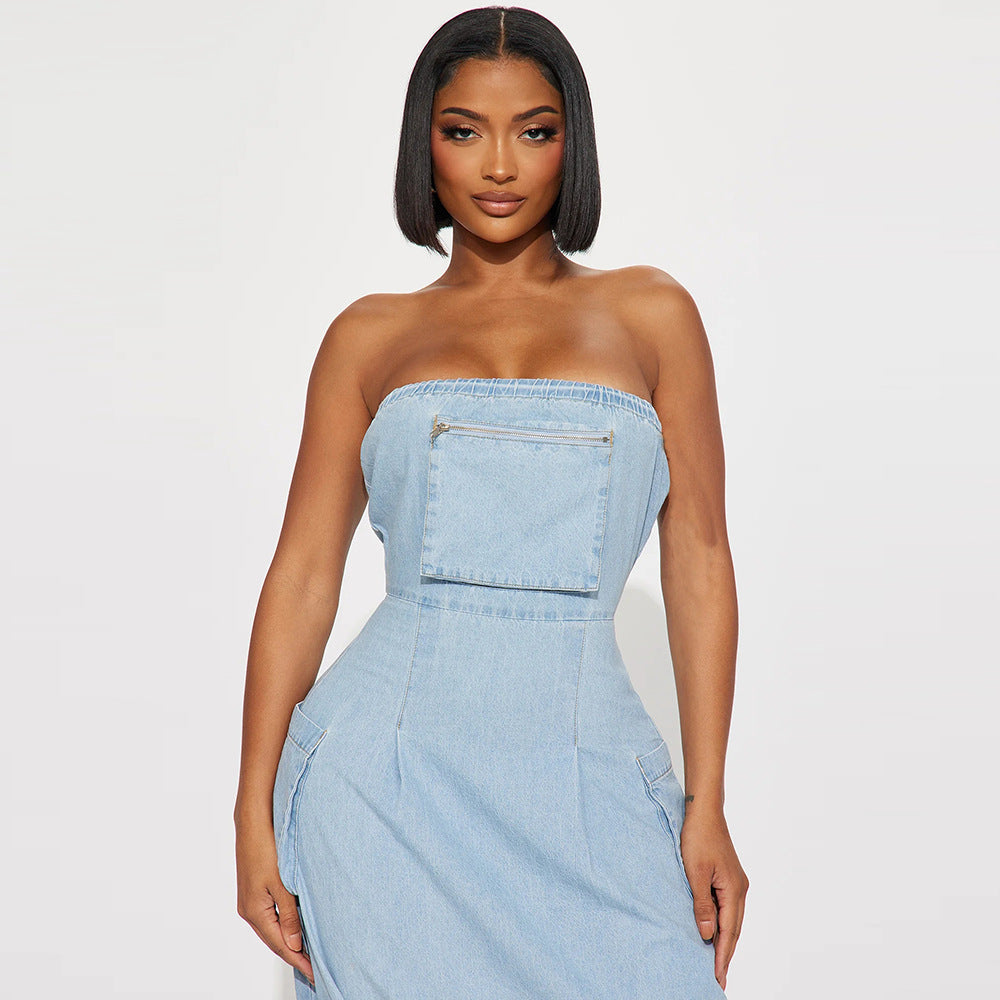Tube Top Pocket Sexy Backless Washed Denim Dress