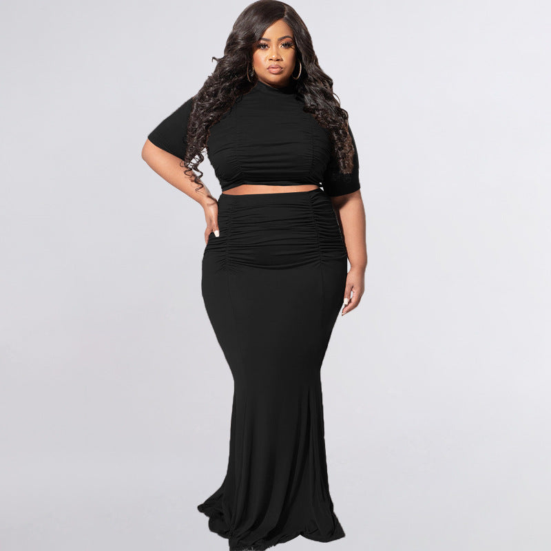Plus Size Solid Color Short Sleeve Casual Two-Piece Suit  Women Suit