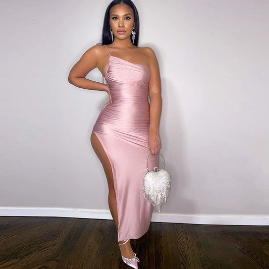 Summer Women Clothing Spaghetti Straps Chest Wrap Slit Sheath  Sexy Slim Pleated Dress