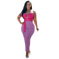Women Clothing Summer Popular Pleated Hip Irregular Asymmetric Contrasting-Color Dress