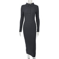 Trendy Autumn Winter Women  Sexy Slim Polo Collar Rib Slit Dress