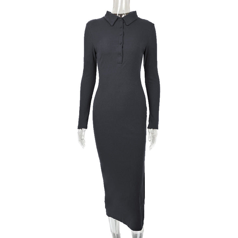 Trendy Autumn Winter Women  Sexy Slim Polo Collar Rib Slit Dress