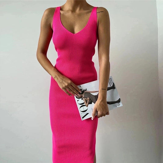 Sleeveless Knitted Mid Length Tight Summer V neck Split Elegant Dress for Women