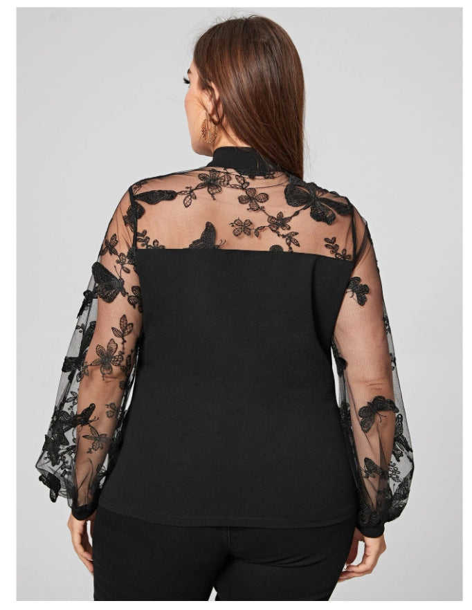 Plus Size Autumn Winter  Women Clothes Solid Color Mesh Stitching Long Sleeves Lace-up  Shirt