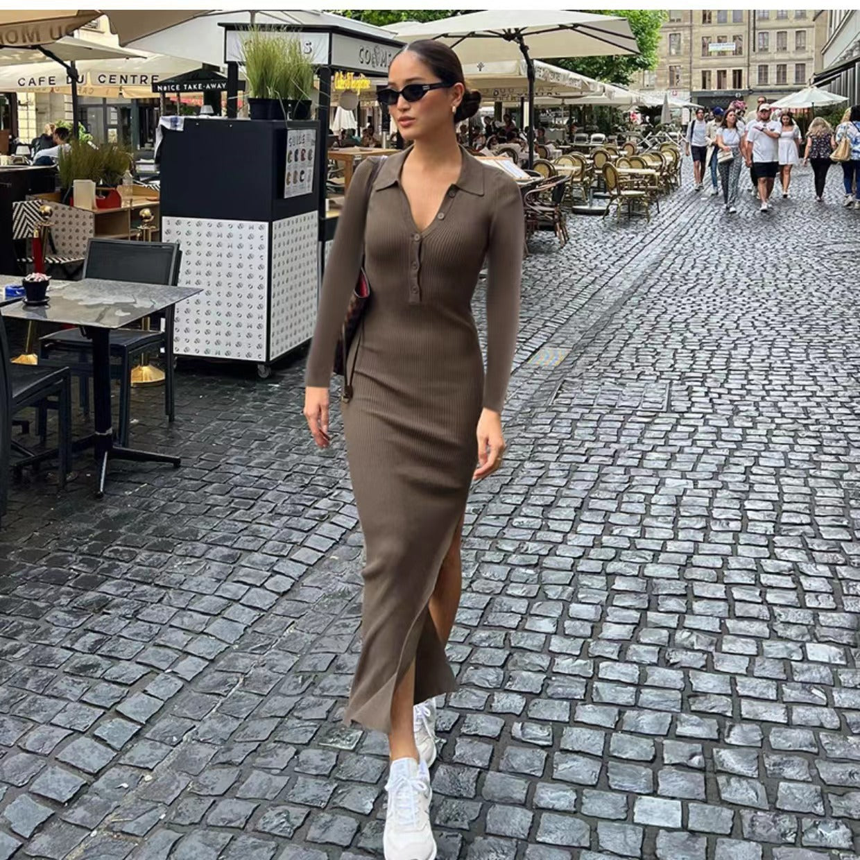 Trendy Autumn Winter Women  Sexy Slim Polo Collar Rib Slit Dress