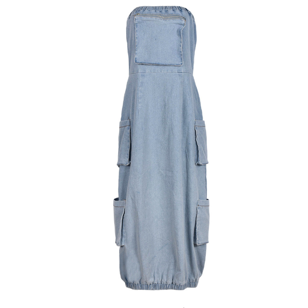 Tube Top Pocket Sexy Backless Washed Denim Dress