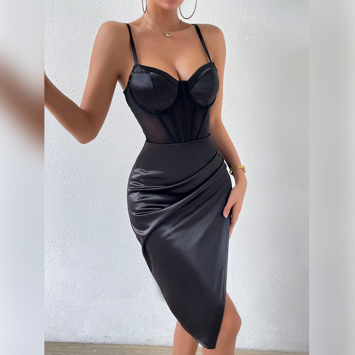 Women Clothing High Grade Dress Boning Corset Slim Fit High Slit Cami Dress