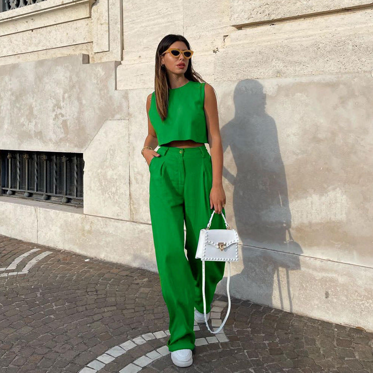 Style 2022 Summer  Solid Color Sleeveless Green Top Bell-Bottom Pants Suit Commuting Fashion Women Clothing