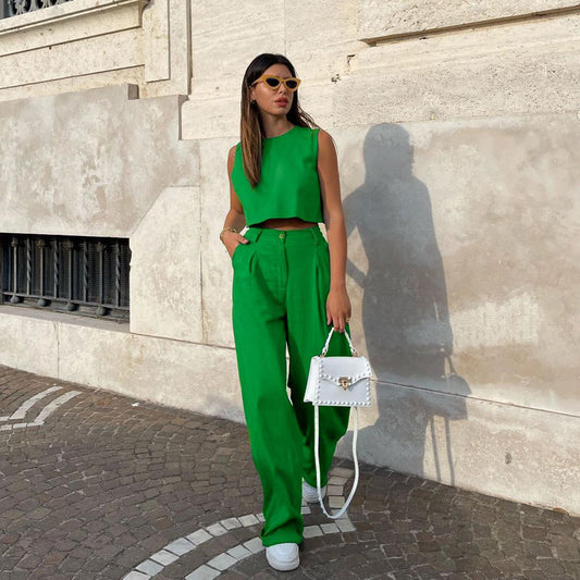 Style 2022 Summer  Solid Color Sleeveless Green Top Bell-Bottom Pants Suit Commuting Fashion Women Clothing
