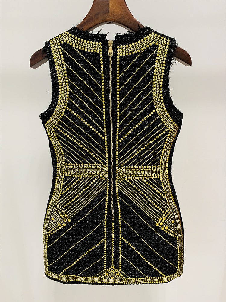 Goods Heavy Industry Metal Sheet Beaded Tweed Woolen round Neck Vest Dress