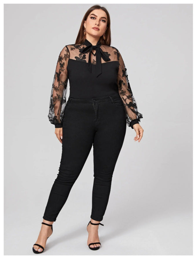Plus Size Autumn Winter  Women Clothes Solid Color Mesh Stitching Long Sleeves Lace-up  Shirt