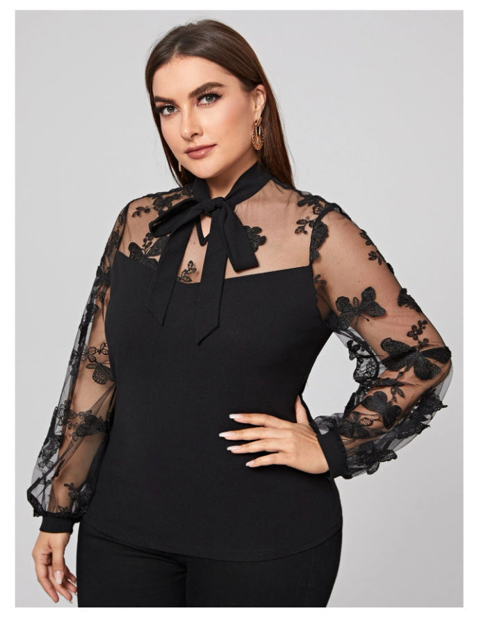 Plus Size Autumn Winter  Women Clothes Solid Color Mesh Stitching Long Sleeves Lace-up  Shirt