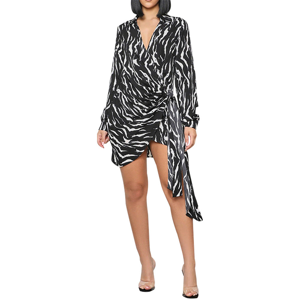 Women Clothing Zebra Print Printed Short Skirt V-neck Lace-up Waist Irregular Dress