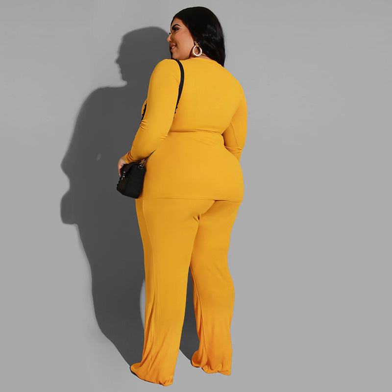 Plus Size Pure Color Knitted Casual Two-Piece Suit  Women Suit