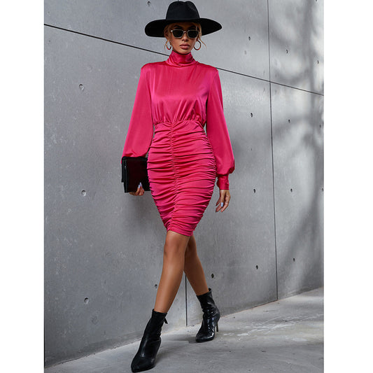 Spring Autumn High Collar Solid Color Slim Dress