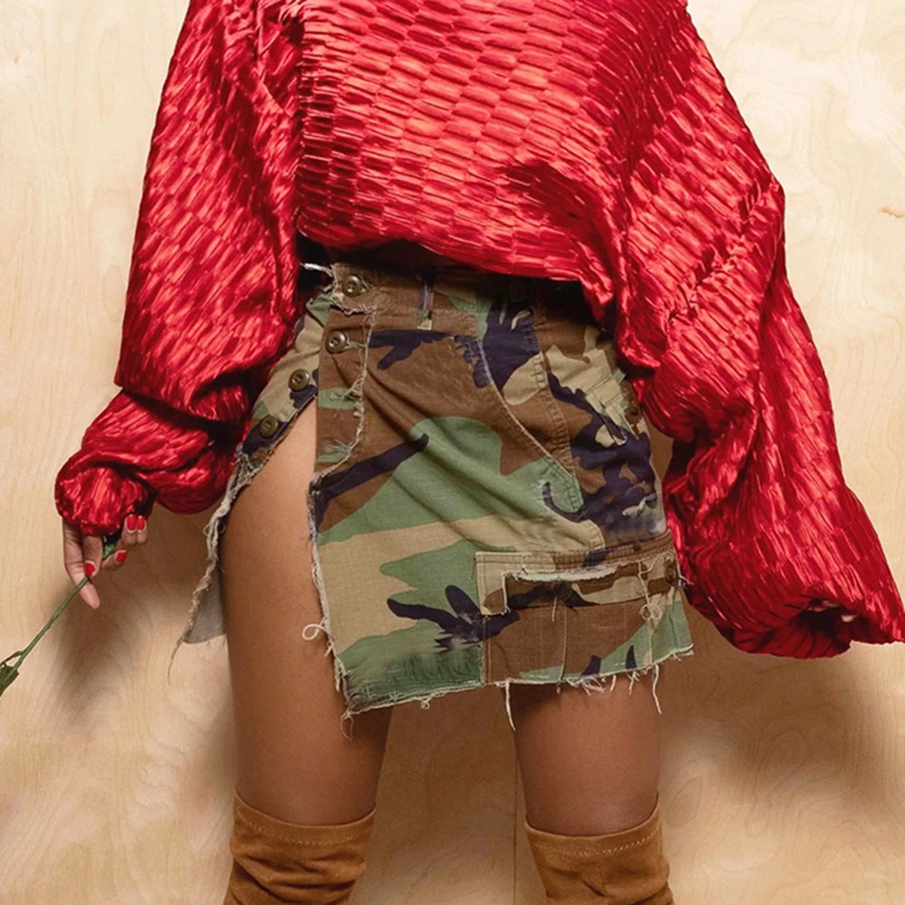 Women Clothing Summer Full Open Skirt  Camouflage Wrapped Skirt