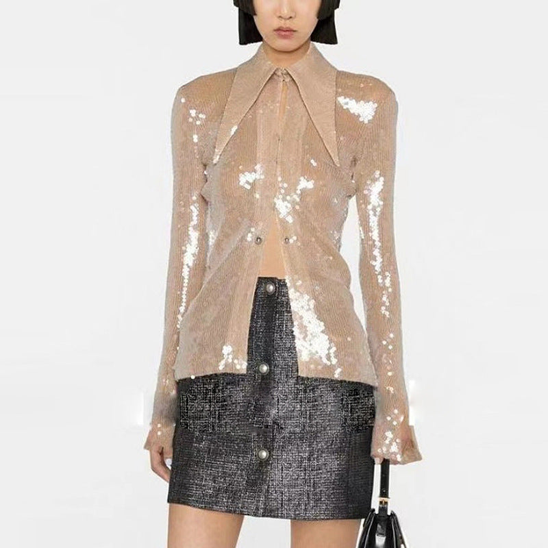 Side Slit Bell Sleeve Sequin Glitter Button down Shirt