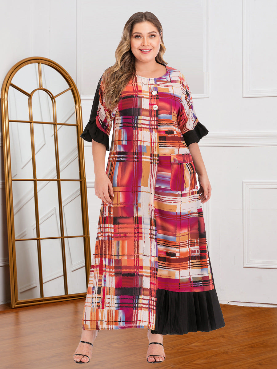 Printed Contrast Color Pocket Dress Long Skirt