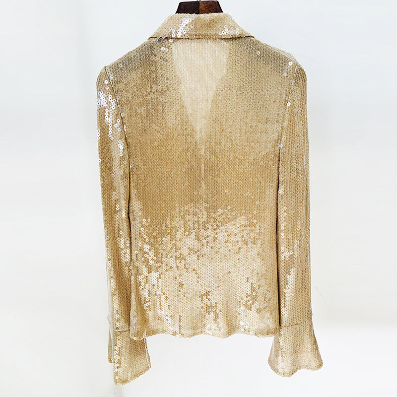 Side Slit Bell Sleeve Sequin Glitter Button down Shirt