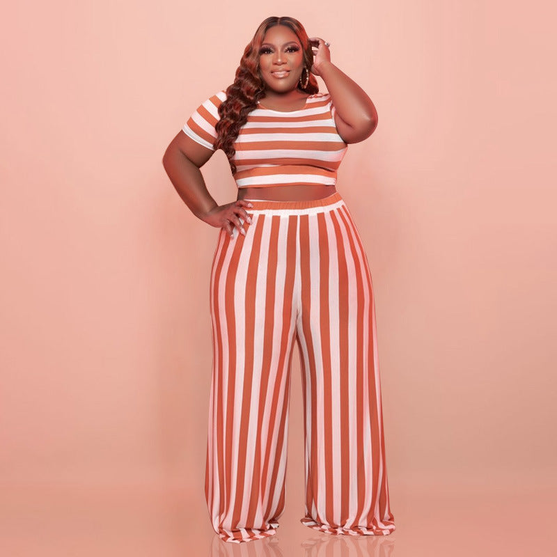 Striped Street Casual Suit Plus Size Women Two-Piece Suit
