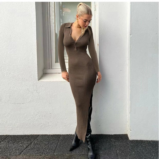 Trendy Autumn Winter Women  Sexy Slim Polo Collar Rib Slit Dress