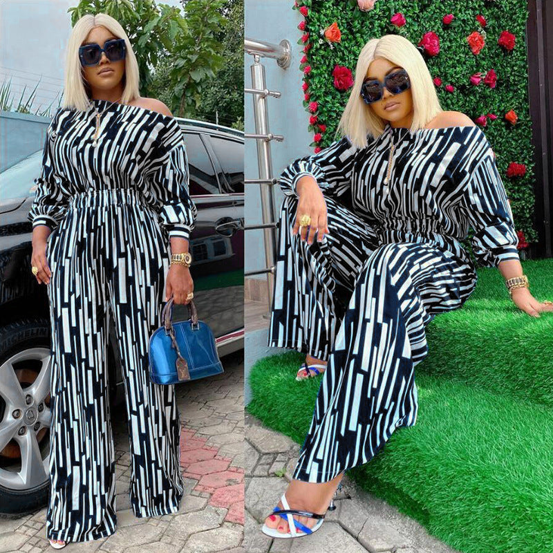 Plus Size Popular  Women Clothing Striped Printed Oblique Long Sleeve Shoulder Width Loose Casual Set Women