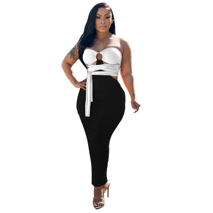 Women Clothing Summer Popular Pleated Hip Irregular Asymmetric Contrasting-Color Dress