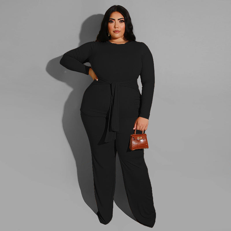Plus Size Pure Color Knitted Casual Two-Piece Suit  Women Suit