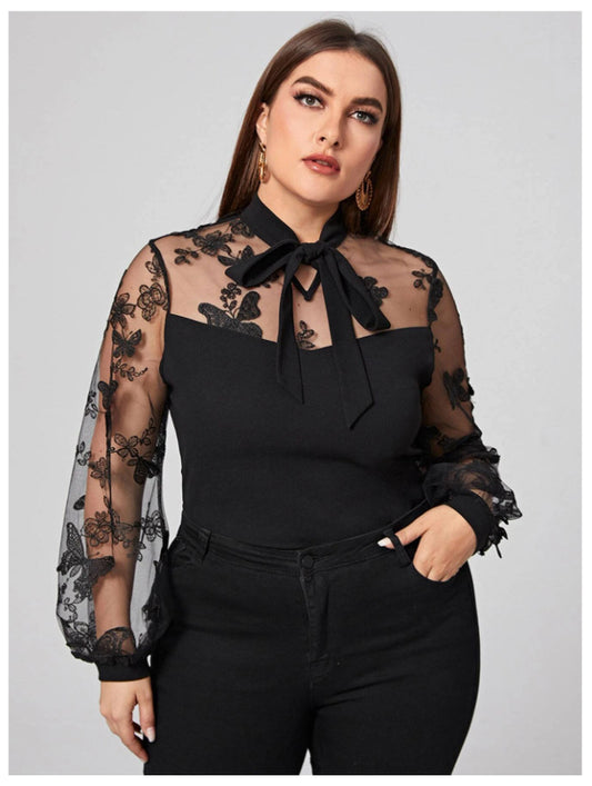 Plus Size Autumn Winter  Women Clothes Solid Color Mesh Stitching Long Sleeves Lace-up  Shirt