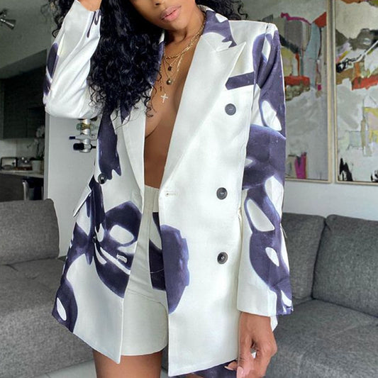 Women Blazer Clothes Autumn Winter Printing Loose Suit Two Piece Suit